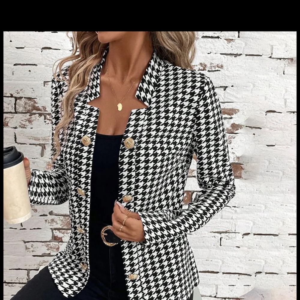 Collarless Houndstooth Print Outwear Jacket